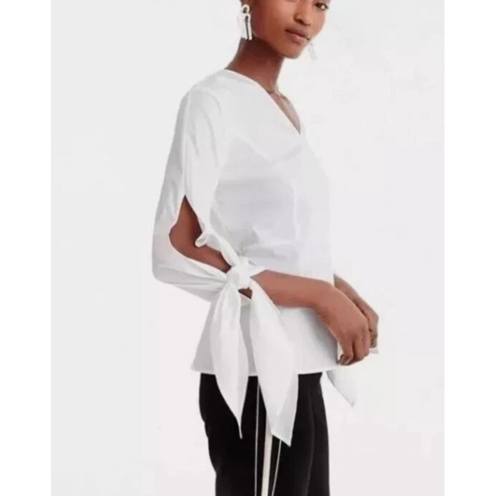 J.Crew Universal Standard Shirt Women's Small‎ Ivory Poplin V-Neck Tie-Sleeve